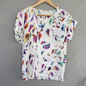 White Short Sleeved Blouse with Colored Birds